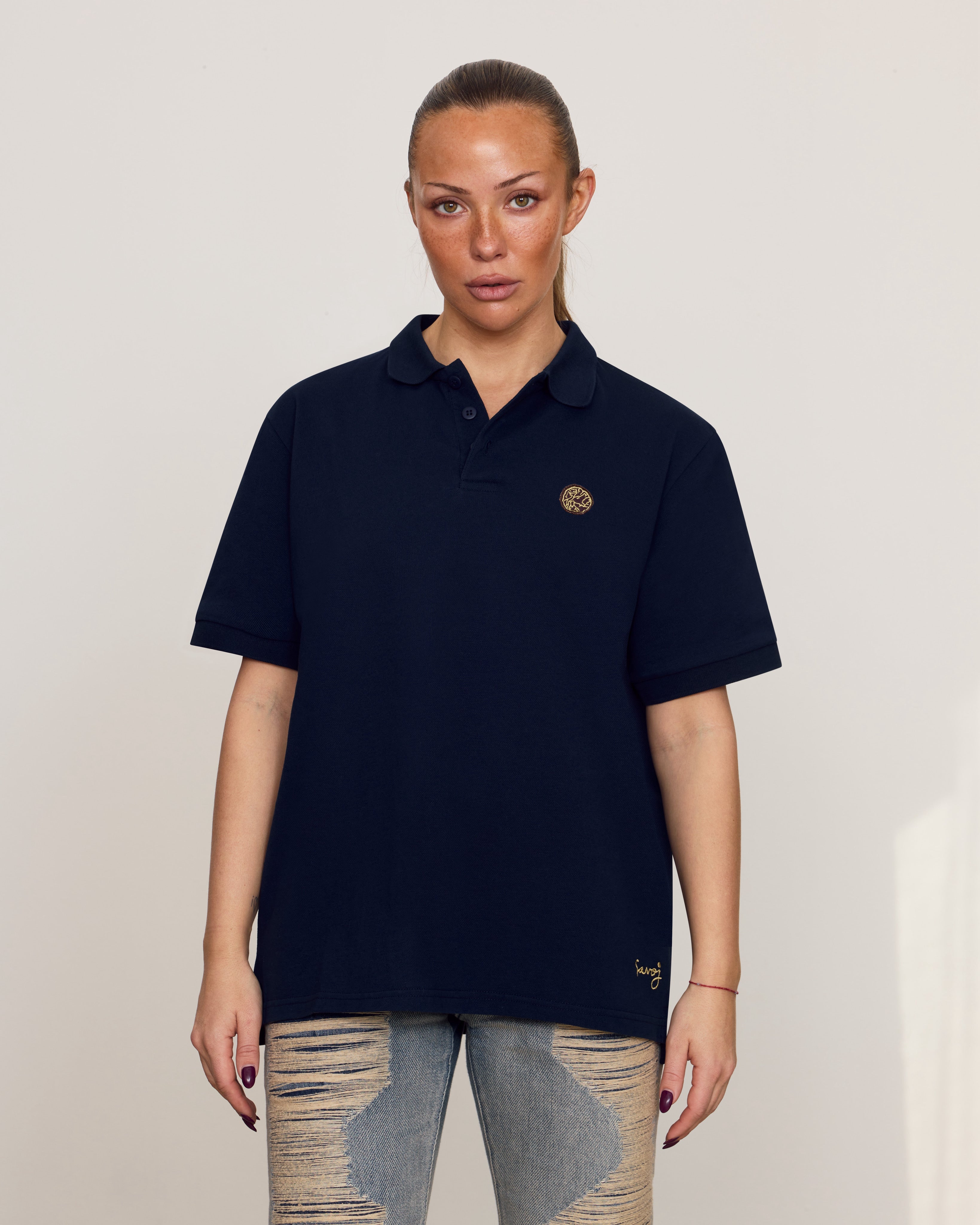 Unisex Savoj Peruan Pima Polo – Front View on Female Model in Deep Navy